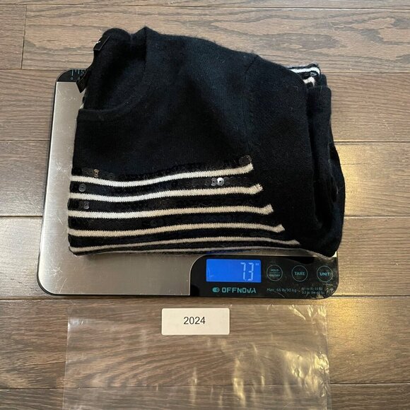 Lord & Taylor Cashmere Sweater, Black w/ white stripes, sequins, size M - Picture 9 of 9